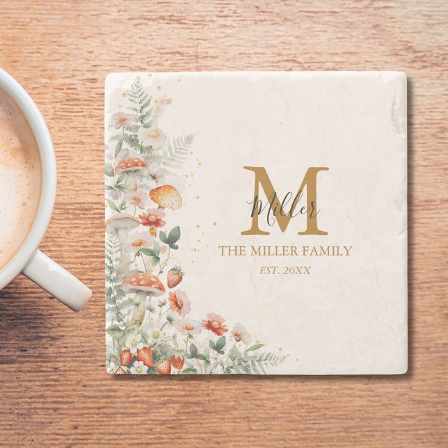 Monogram Forest Mushrooms Flowers Floral botanical Stone Coaster (In situ)