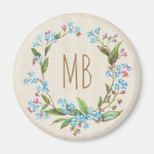 Monogram Forget-Me-Not Wreath Blue Cute Rustic Magnet
