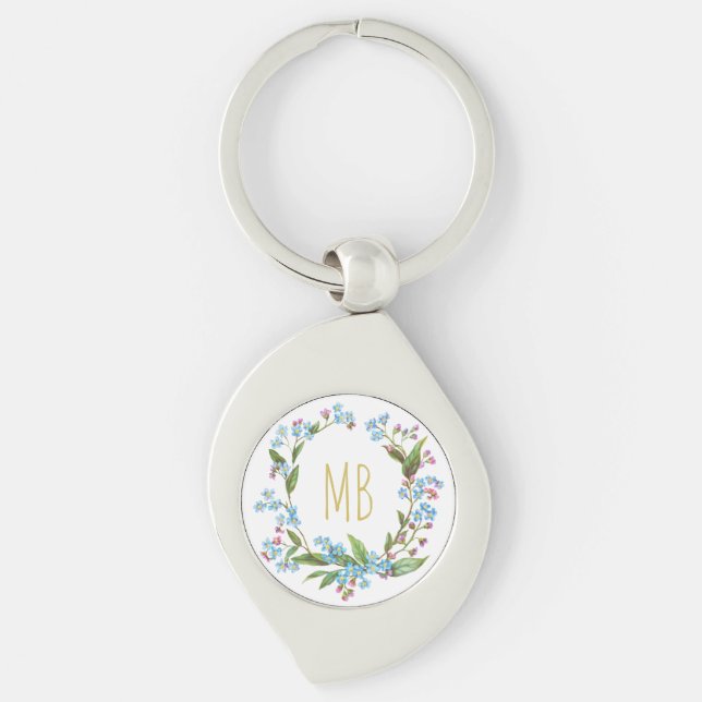 Monogram Forget-Me-Not Wreath Blue Flowers Cute Key Ring (Front)