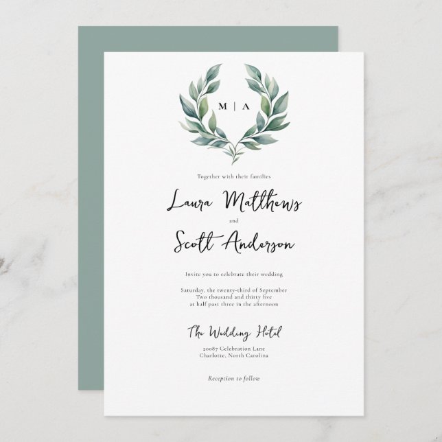 Monogram Formal Minimalist Foliage Wedding  Invitation (Front/Back)