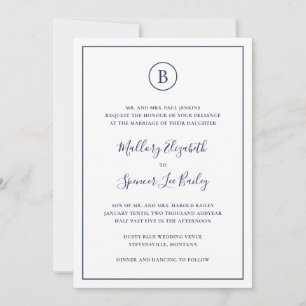 Monogram Formal Navy Blue All In One Wedding Invitation