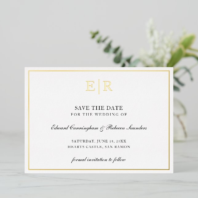 Monogram Formal Wedding Save The Date Gold (Standing Front)