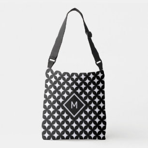 Monogram & Four-Pointed Star Pattern on Black Crossbody Bag