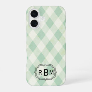 Monogram Framed on Green and White Gingham Pattern iPhone 16 Case