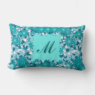 Monogram framed with flowers - blue and white lumbar cushion