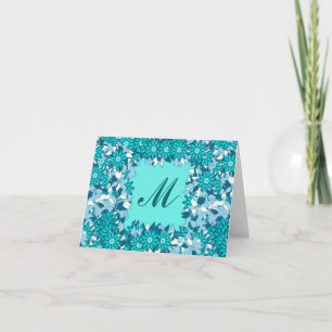 Monogram framed with flowers - blue and white note card
