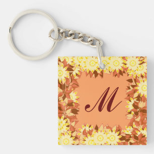 Monogram framed with flowers - cocoa & yellow key ring