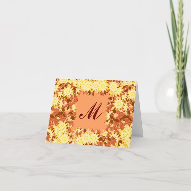 Monogram framed with flowers - cocoa & yellow note card (Front)