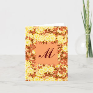 Monogram framed with flowers - cocoa & yellow note card