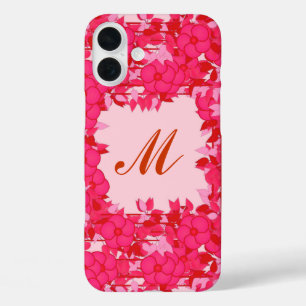 Monogram framed with flowers - fuchsia and pink iPhone 16 plus case