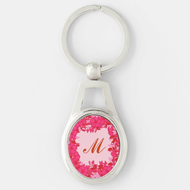 Monogram framed with flowers - fuchsia and pink key ring (Front)