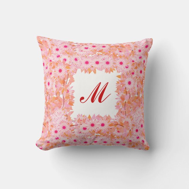 Monogram framed with flowers - pink and peach cushion (Front)