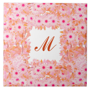 Monogram framed with flowers - pink and peach tile