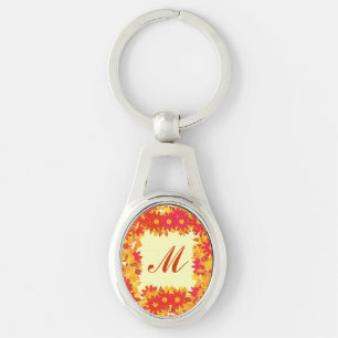 Monogram framed with flowers - red and gold key ring