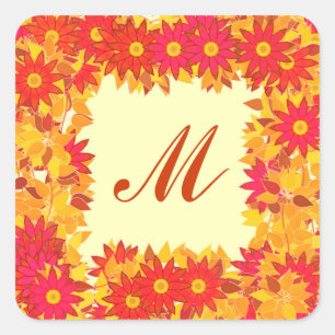 Monogram framed with flowers - red and gold square sticker