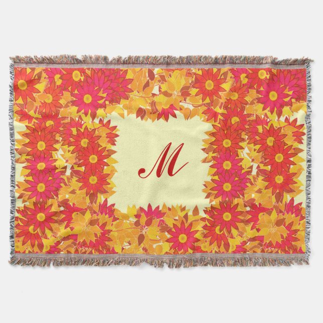 Monogram framed with flowers - red and gold throw blanket (Front)