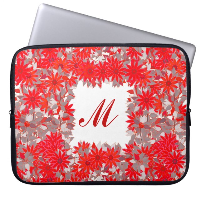 Monogram framed with flowers - red and grey laptop sleeve (Front)