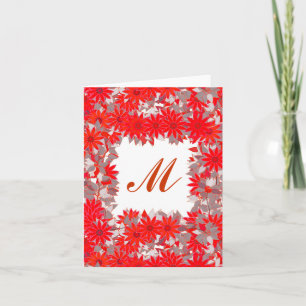 Monogram framed with flowers - red and grey note card