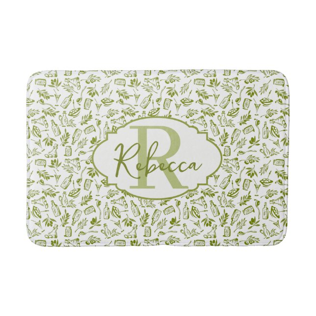 Monogram French Country Olive Leaf Green Chic Bath Mat (Front)