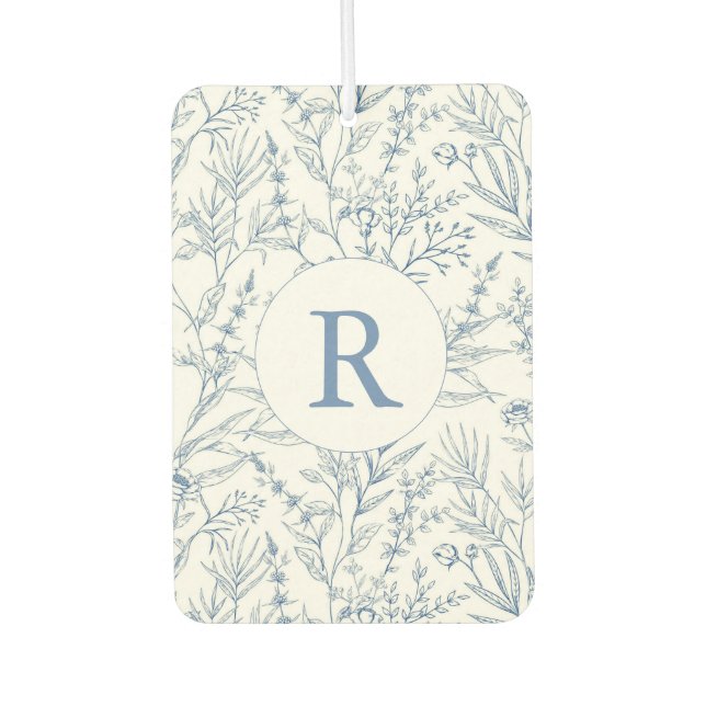 Monogram French Toile Blue Floral Air Freshener (Front)