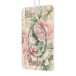 Monogram Frenchy vintage Ephemera Pink roses chic Car Air Freshener