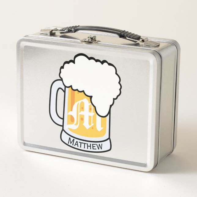Monogram Frosted Beer Mug and Name Metal Lunch Box (Front)