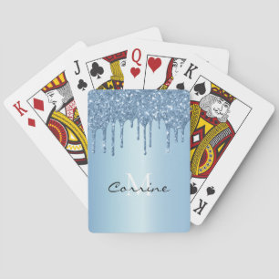Monogram Frozen Ice Blue Metallic Dripping Glitter Playing Cards