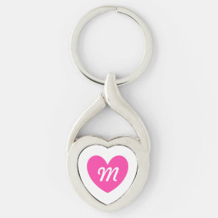 Monogram fuchsia pink heart on white key ring
