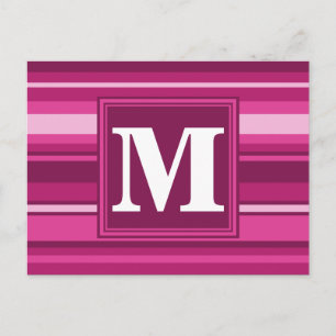 Monogram fuchsia stripes postcard