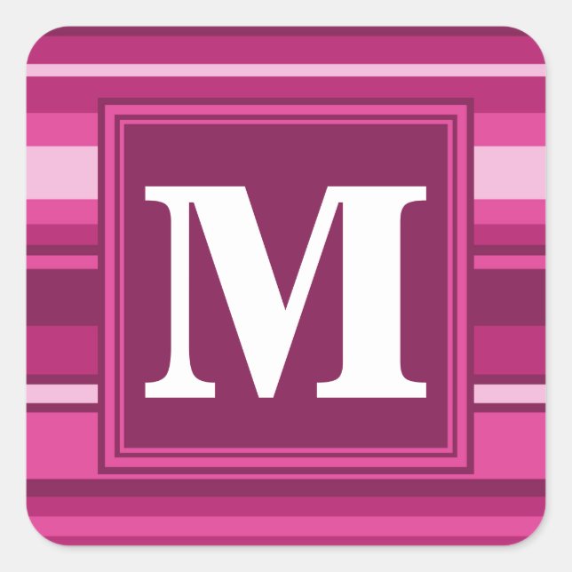 Monogram fuchsia stripes square sticker (Front)