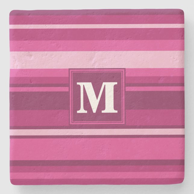 Monogram fuchsia stripes stone coaster (Front)