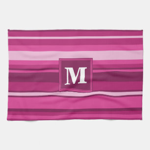 Monogram fuchsia stripes tea towel