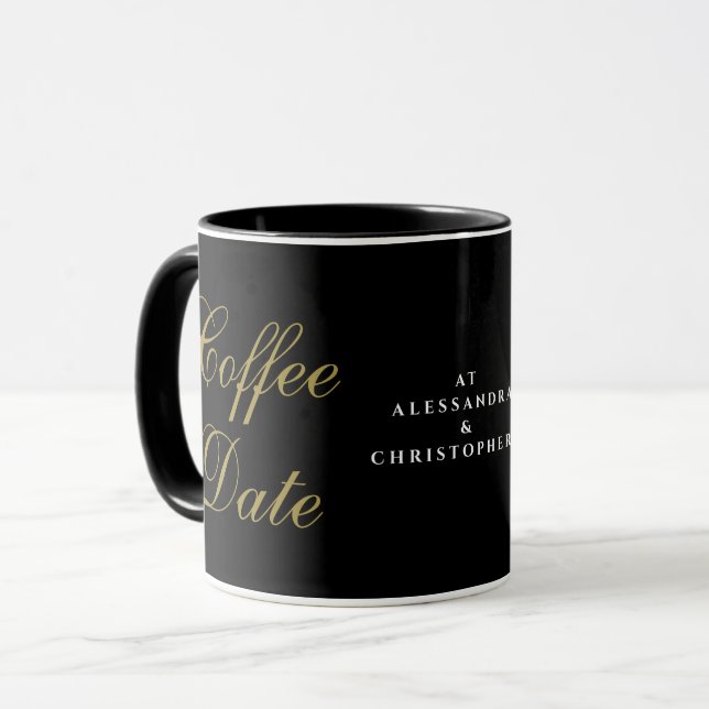 Monogram Funny Black Gold Coffee Date Hosts Names Mug (Front Left)