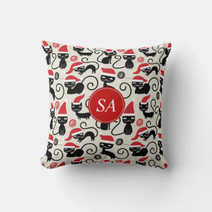 Monogram Funny Christmas kitten Wearing Santa Hat Cushion