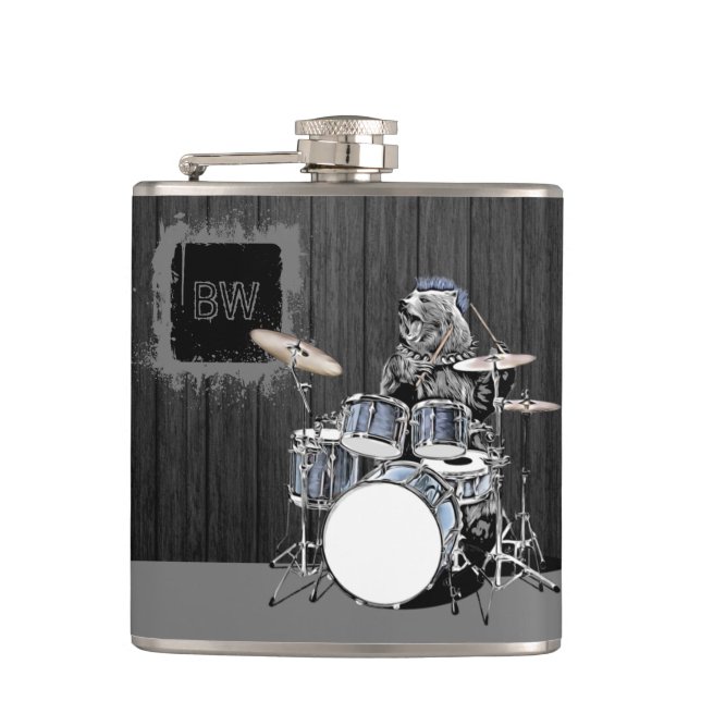Monogram Funny Punk Rock Drummer Bear Musician Fla Hip Flask (Front)