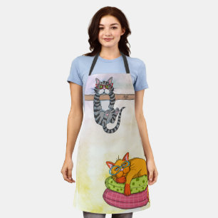 Monogram Funny Whimsical Cats Trendy Modern Apron