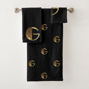 Monogram G Black and Gold Look Elegant Typography Bath Towel Set