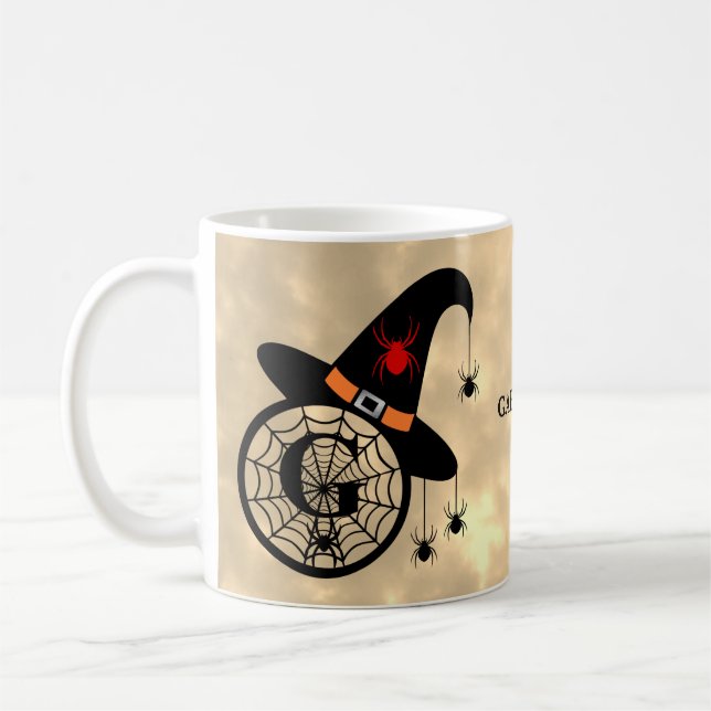 Monogram G Halloween Sky Witch Spiders Name Coffee Mug (Left)