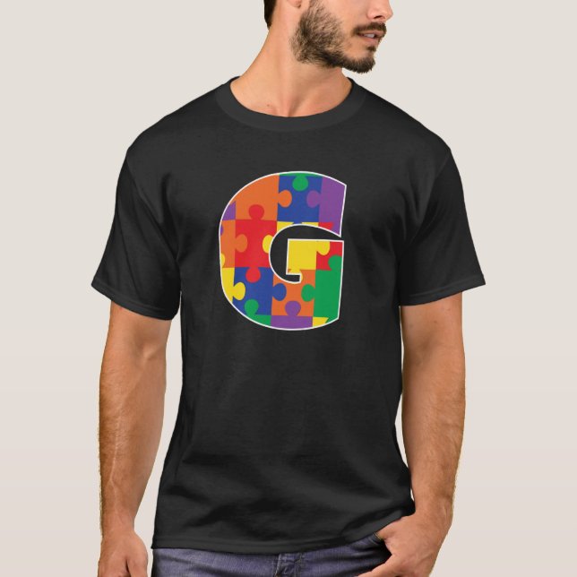 Monogram G in Multi Colour Puzzle Pieces T-Shirt (Front)