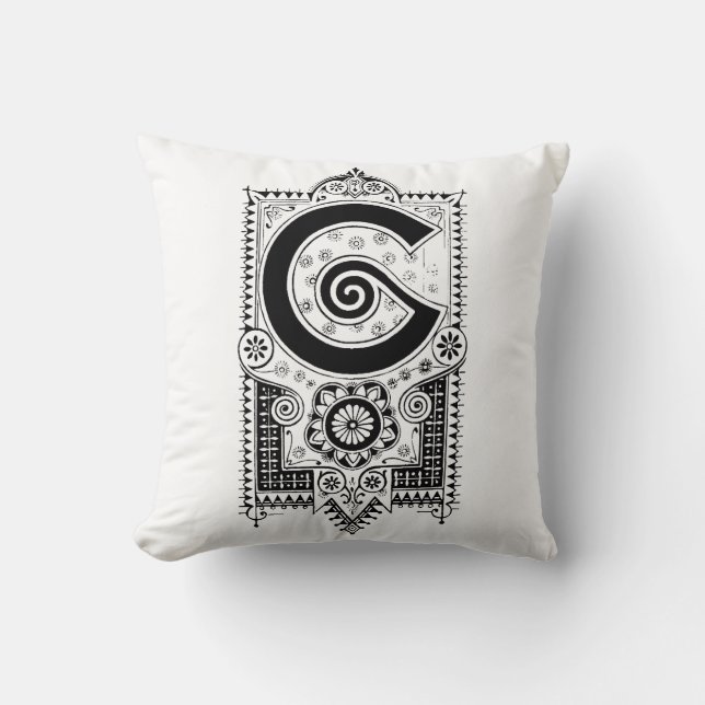 Monogram G Initial Black and White Floral Pattern Cushion (Front)