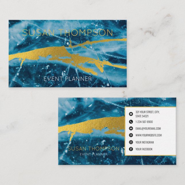 Monogram Geode Agate Gemstone Blue and Gold Business Card (Front/Back)