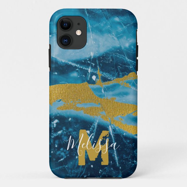 Monogram Geode Agate Gemstone Blue and Gold Case-Mate iPhone Case (Back)