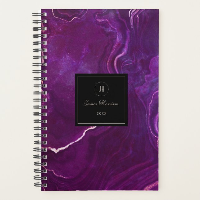 Monogram Geode Dark Purple Black Abstract Agate Planner (Front)