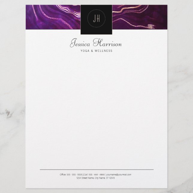 Monogram Geode Dark Purple Black Professional Custom Letterhead (Front)