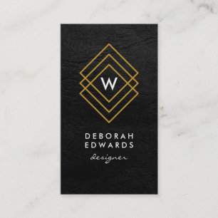 Monogram Geometric Gold Squares Faux Leather Business Card