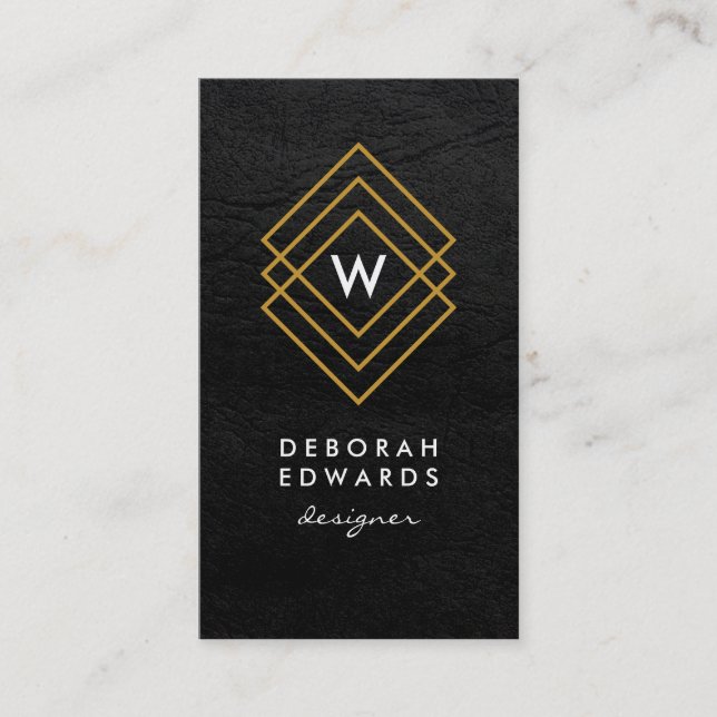 Monogram Geometric Gold Squares Faux Leather Business Card (Front)