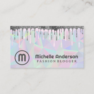 Monogram Geometric Holographic Glitter Drip Business Card