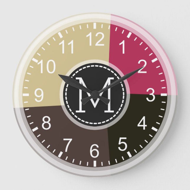 Monogram Geometric Modern Retro Colorful Large Clock (Front)