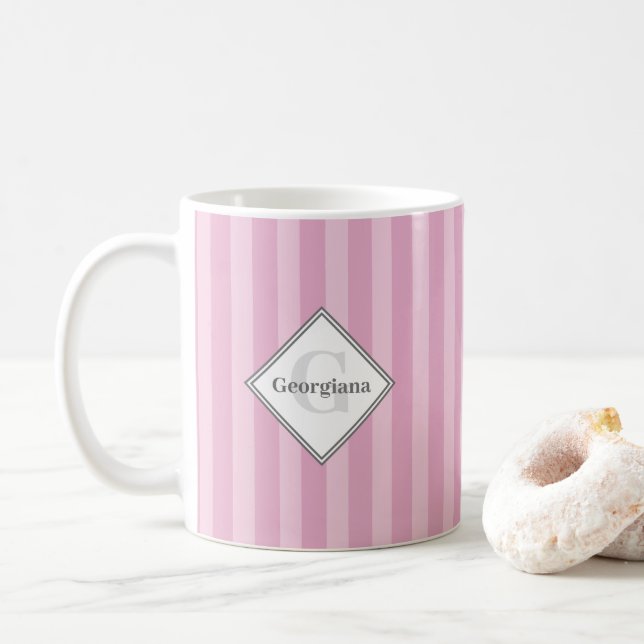 Monogram Geometric Pink & Cherry Blossom Stripes Coffee Mug (With Donut)