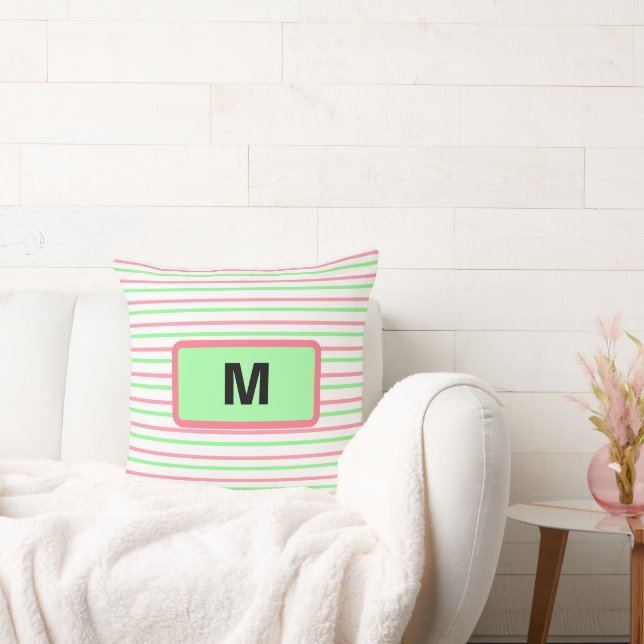 Monogram Geometric Stripes Pink Green White Cushion (Couch)